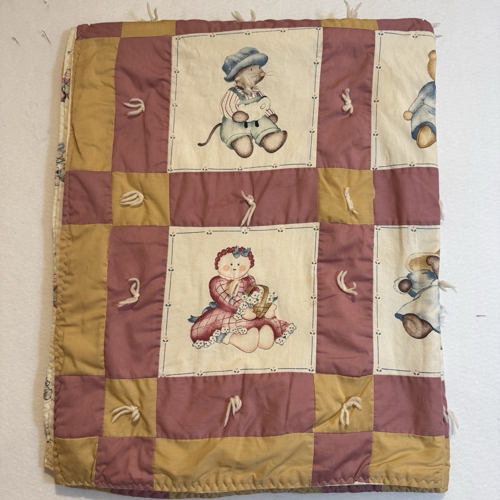Vintage Reversible Embroidered Tied Baby Quilt 40x50‎ SALLY ANNE